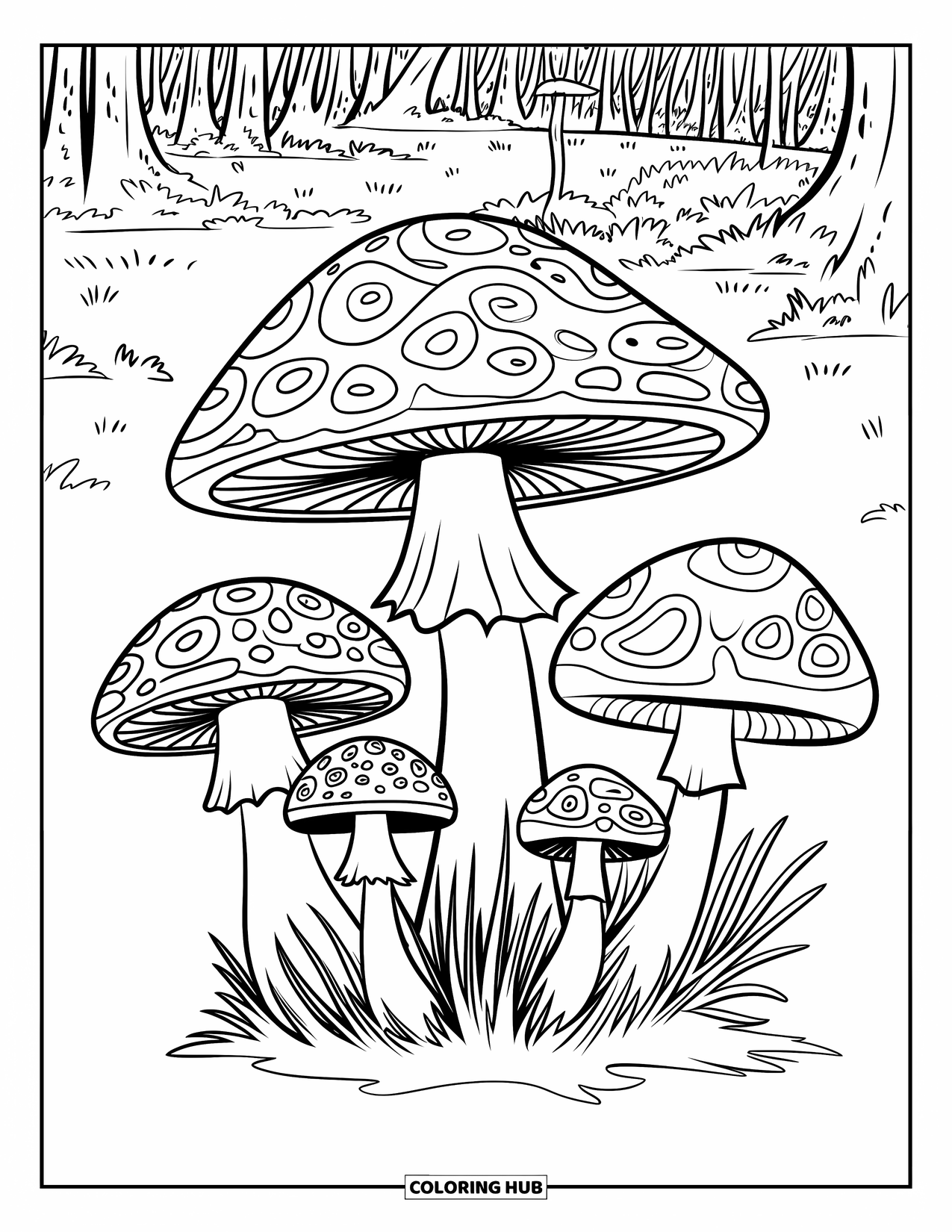 Trippy Mushroom Coloring Page for Kids: Five large mushrooms grow in a forest clearing surrounded by trees