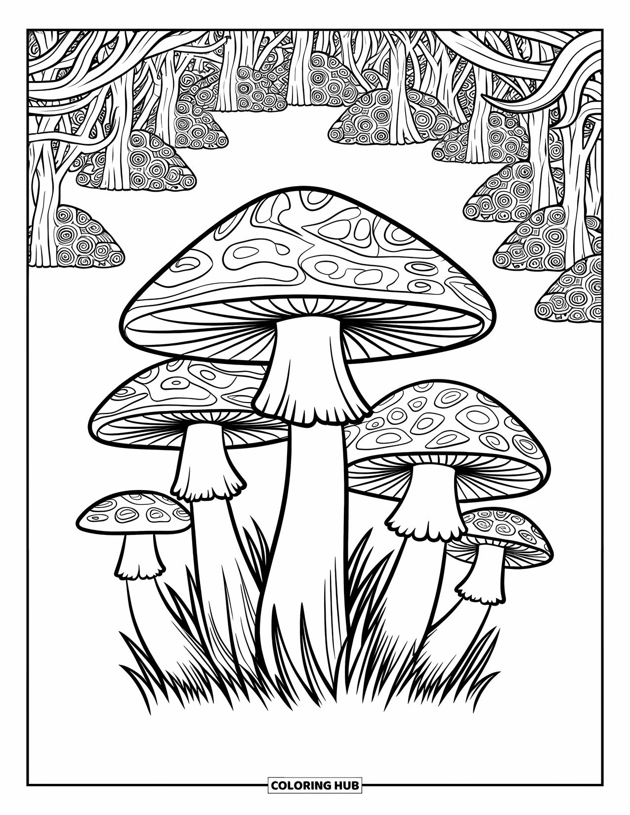 Trippy Mushroom Coloring Page for Kids: Five swirling mushrooms grow in a bright clearing among patterned trees