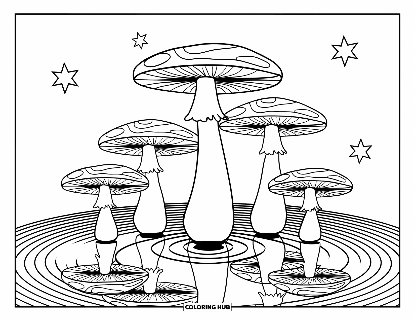 Trippy Mushroom Coloring Page for Kids: Five upside-down mushrooms reflect in a ripple pond with floating stars around them