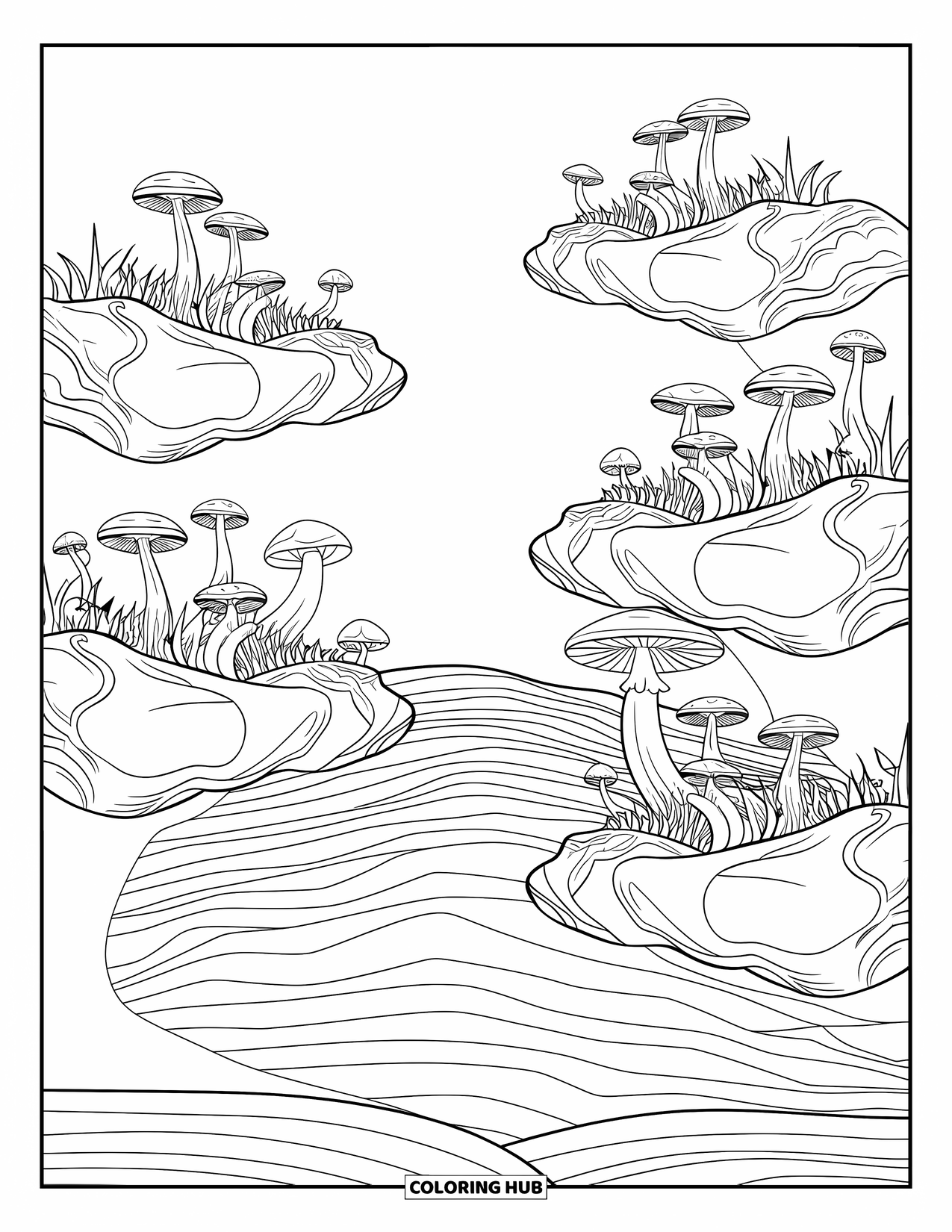 Trippy Mushroom Coloring Page for Kids: Floating rocks grow mushrooms above a forest floor filled with flowing, wave-like shapes