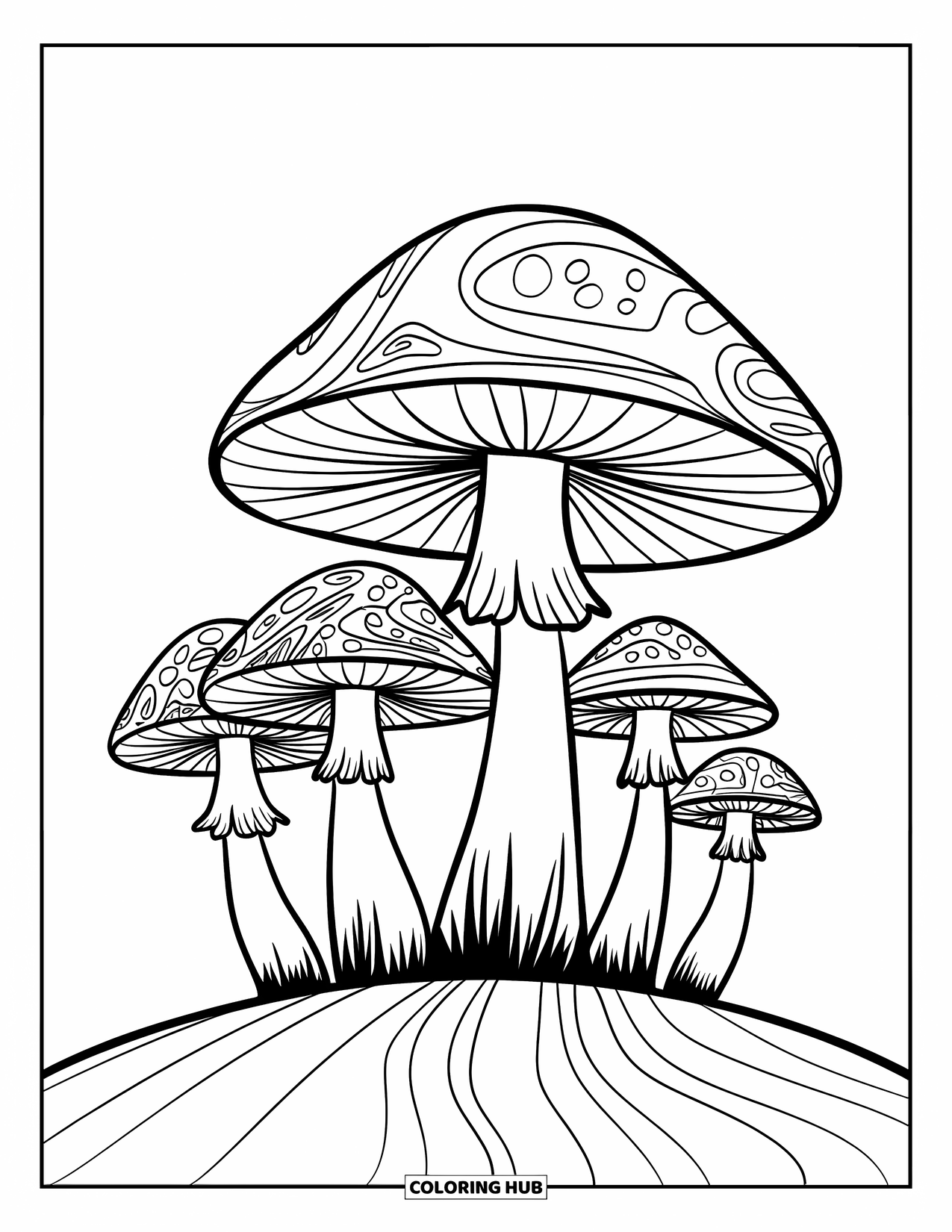 Trippy Mushroom Coloring Page for Kids: Four mushrooms with spirals stand on a curved hill