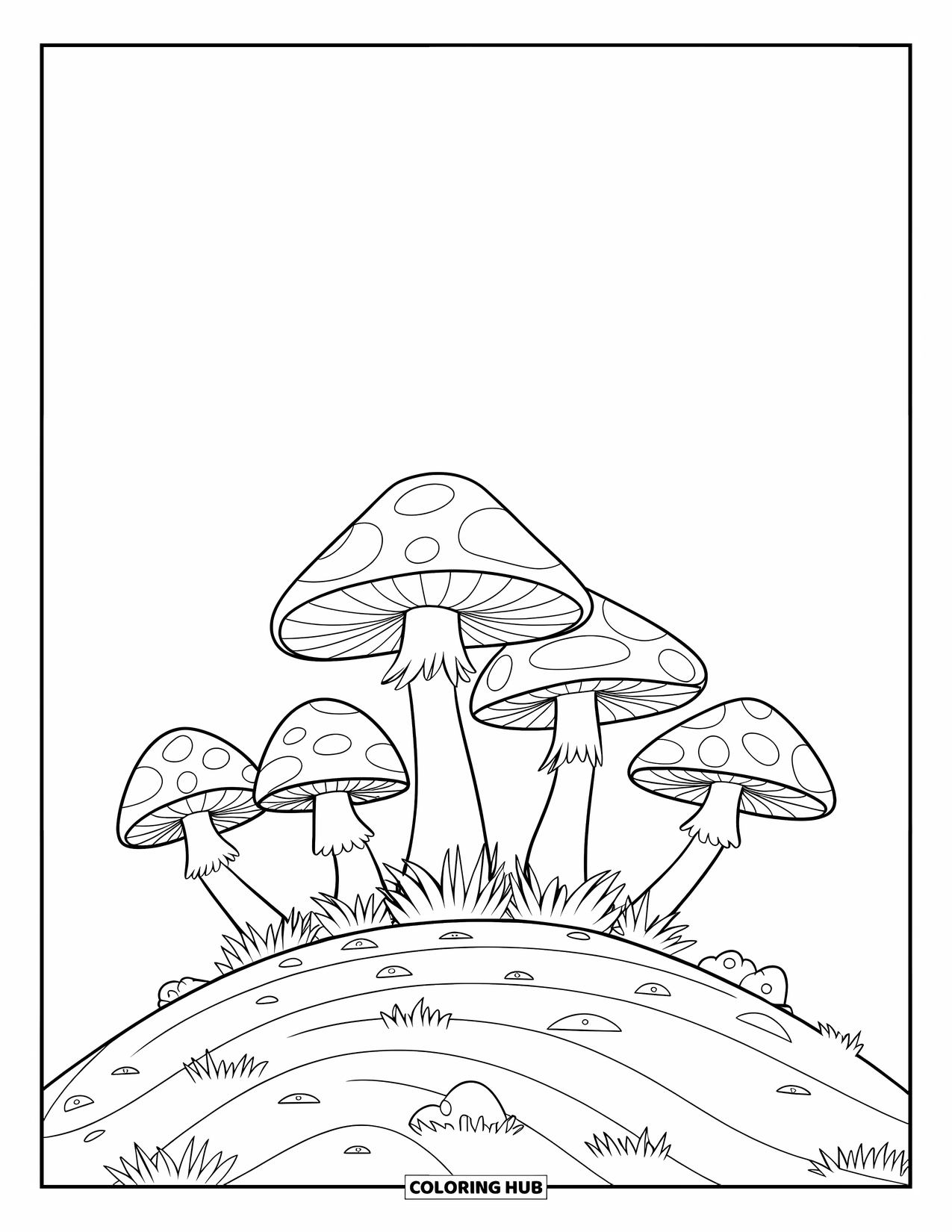 Trippy Mushroom Coloring Page for Kids: Four wide-capped mushrooms grow on a grassy hill with a few rocks