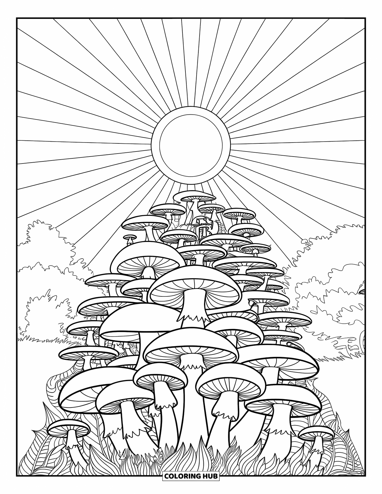 Trippy Mushroom Coloring Page for Kids: Layered mushrooms on a hill beneath a swirling sunburst and calm, open sky