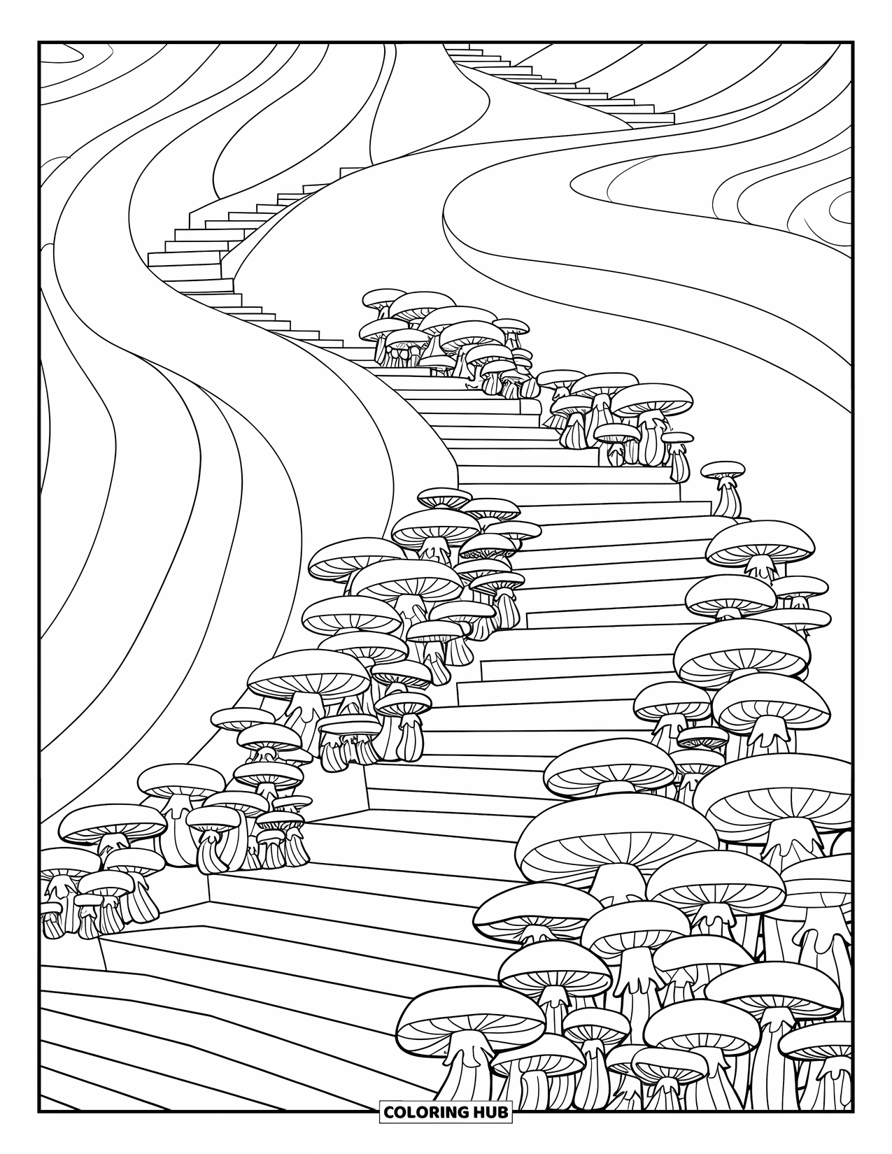 Trippy Mushroom Coloring Page for Kids: Mushrooms cluster on a hill with winding trails leading to the top