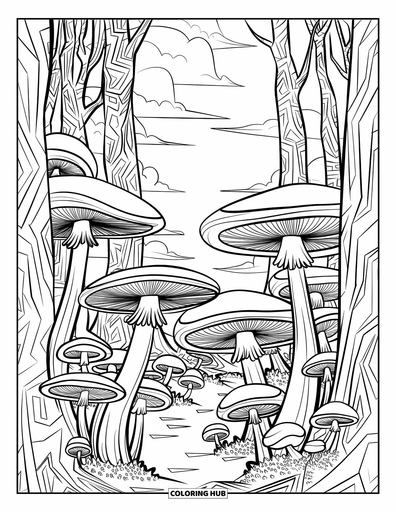 Trippy Mushroom Coloring Page for Kids: Mushrooms cover the forest floor beneath patterned tree trunks and a soft, cloudy sky