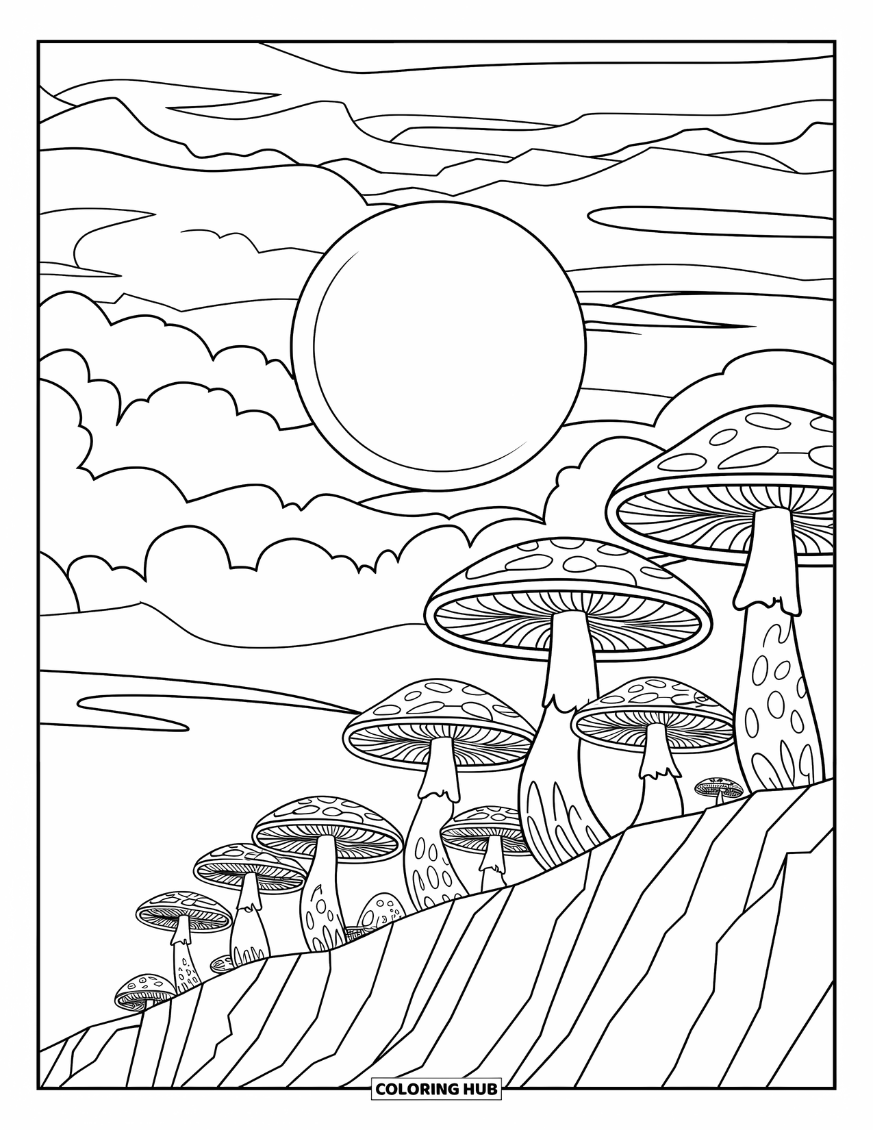 Trippy Mushroom Coloring Page for Kids: Mushrooms grow along a cliff under a full moon and flowing waves in the sky