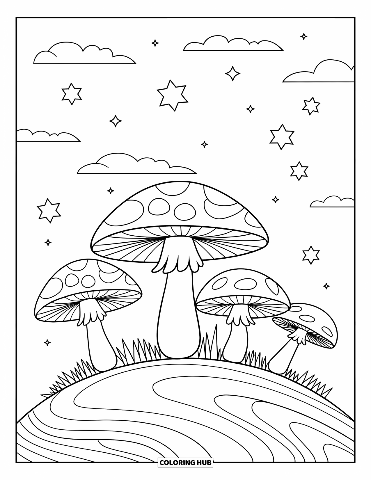 Trippy Mushroom Coloring Page for Kids: Mushrooms line a curvy hill under stars and a few clouds
