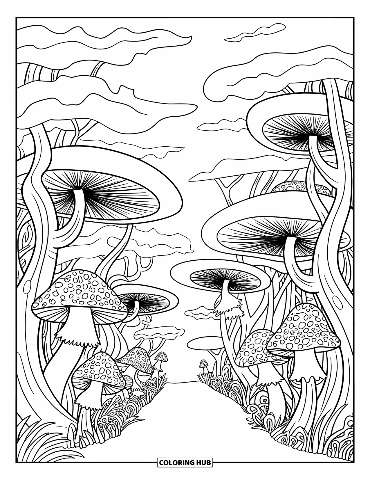 Trippy Mushroom Coloring Page for Kids: Mushrooms line a forest trail beneath twisting trees and a cloudy sky