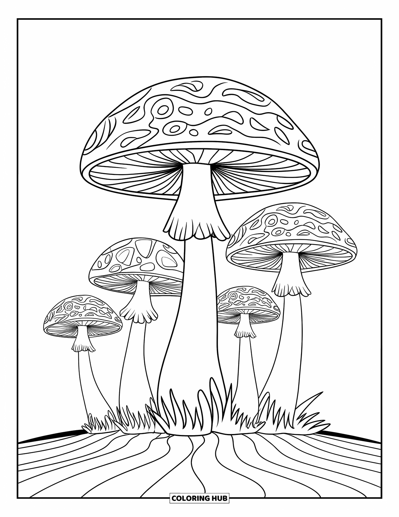 Trippy Mushroom Coloring Page for Kids: Mushrooms stand in a row on wavy ground with bold, swirly designs