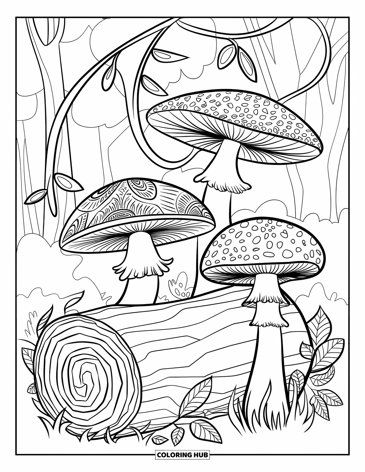 Trippy Mushroom Coloring Page for Kids: Mushrooms with swirls grow near a log and twisty vines in the forest