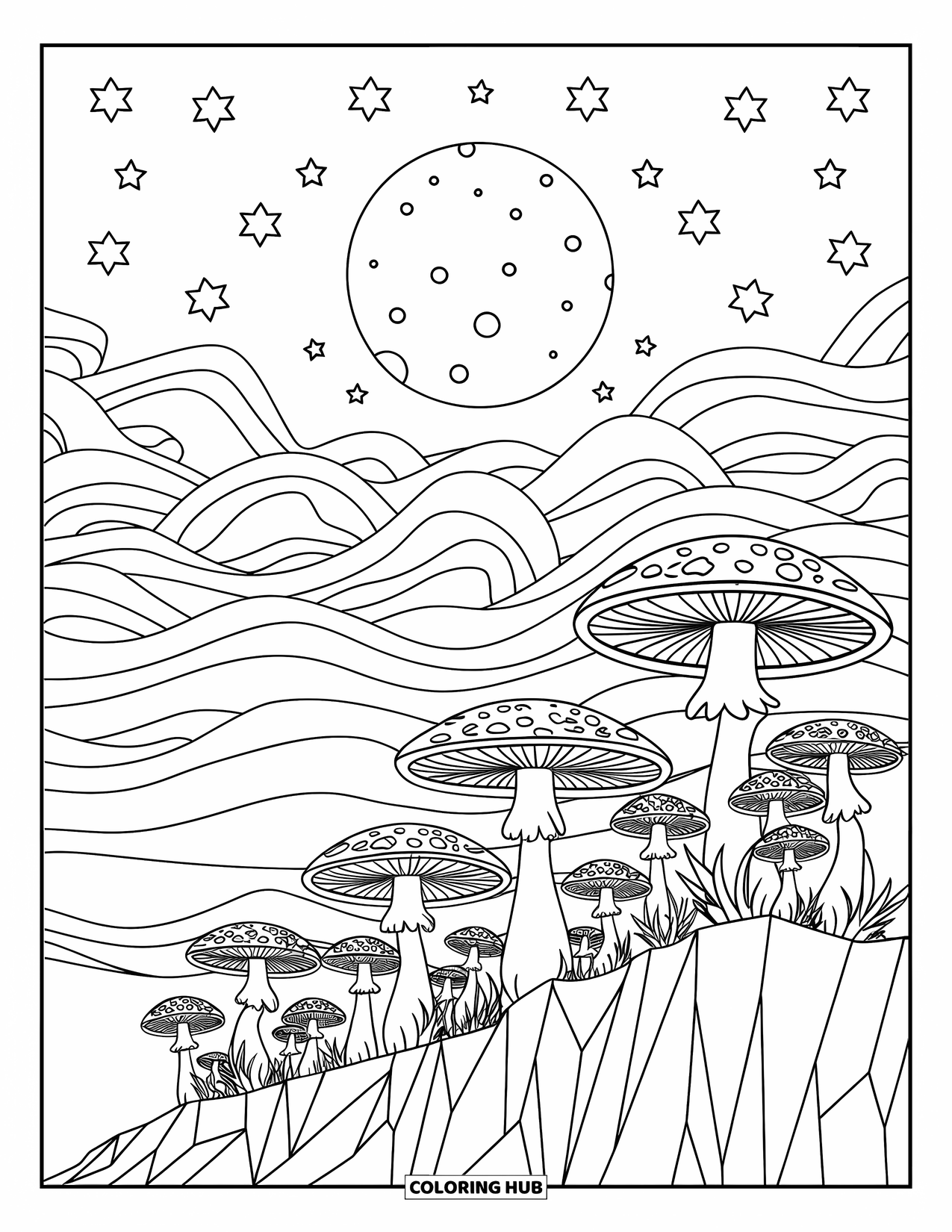 Trippy Mushroom Coloring Page for Kids: Mushrooms with wild patterns grow on a cliff under a moon and swirling sky