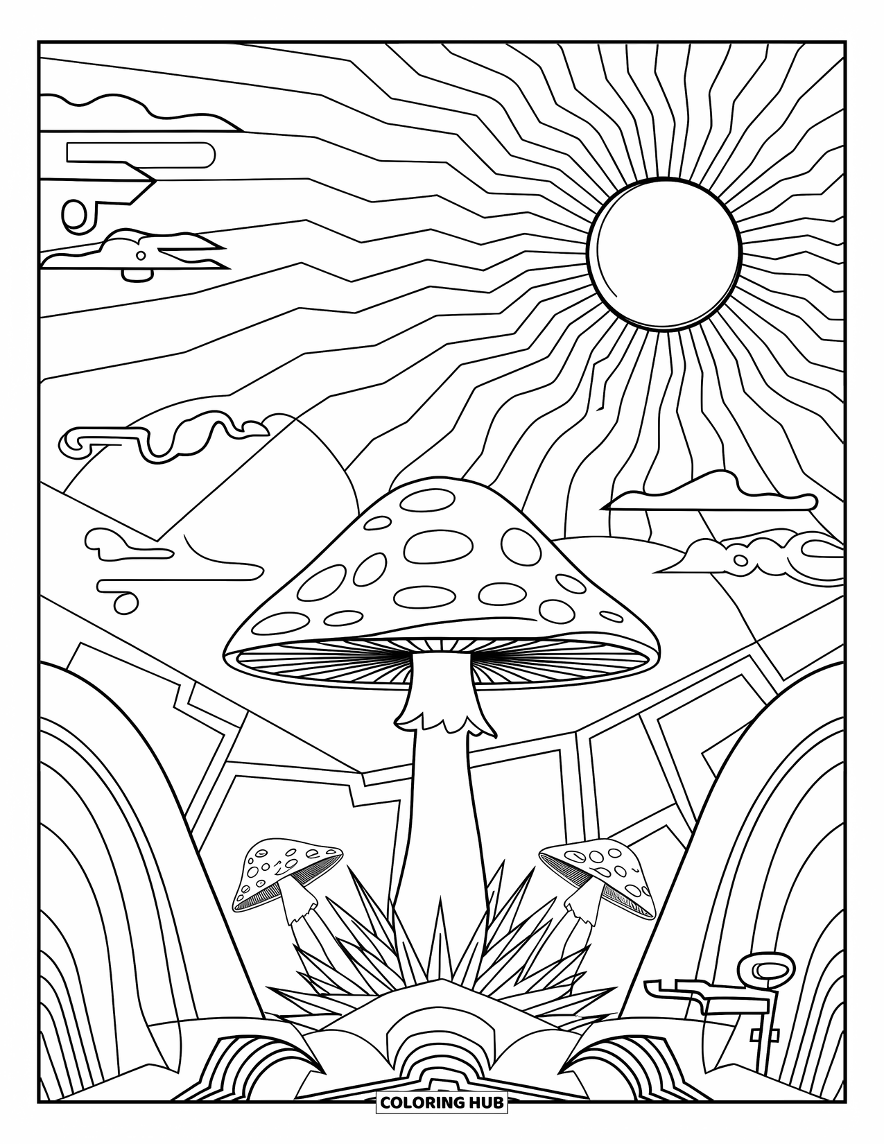 Trippy Mushroom Coloring Page for Kids: One wide-capped mushroom rests under a swirling sky of patterns
