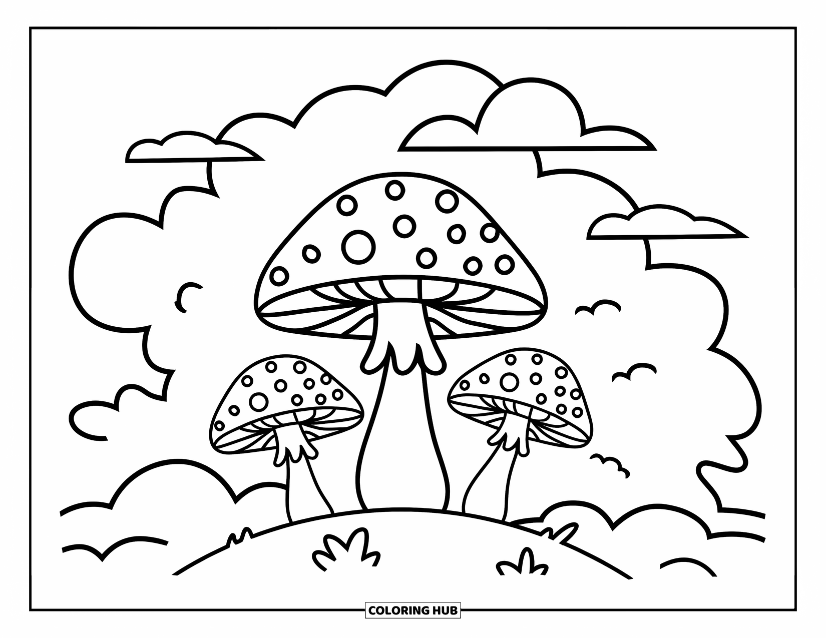Trippy Mushroom Coloring Page for Kids: Playful mushrooms with dotted caps sit on a grassy hill under clouds