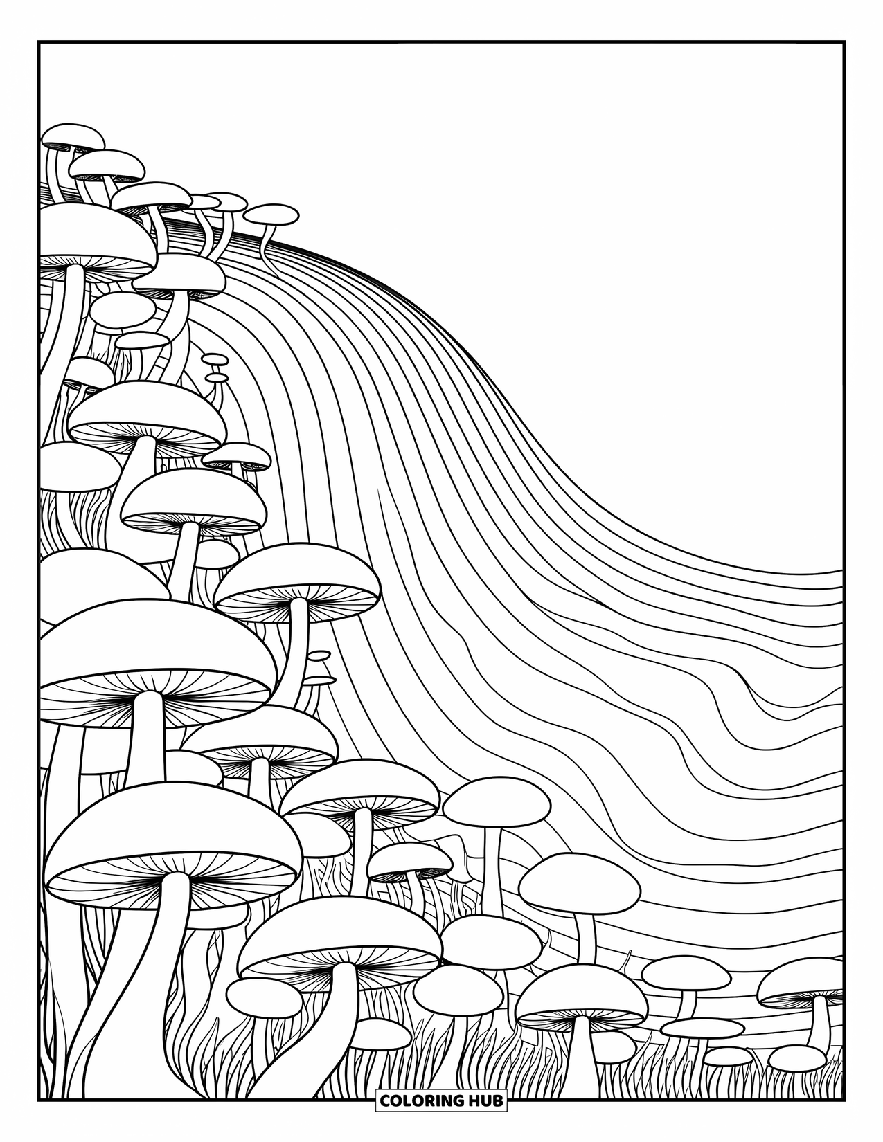 Trippy Mushroom Coloring Page for Kids: Round mushrooms with thin stems sit along looping lines on a smooth hill