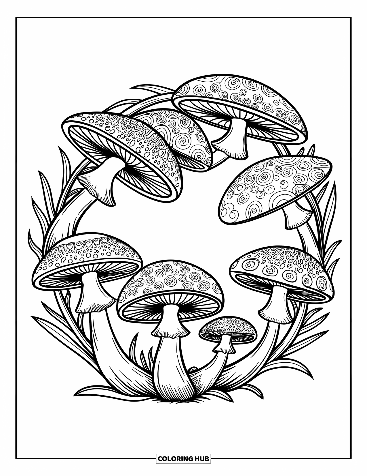 Trippy Mushroom Coloring Page for Kids: Seven swirly mushrooms form a circle in a dreamy forest setting