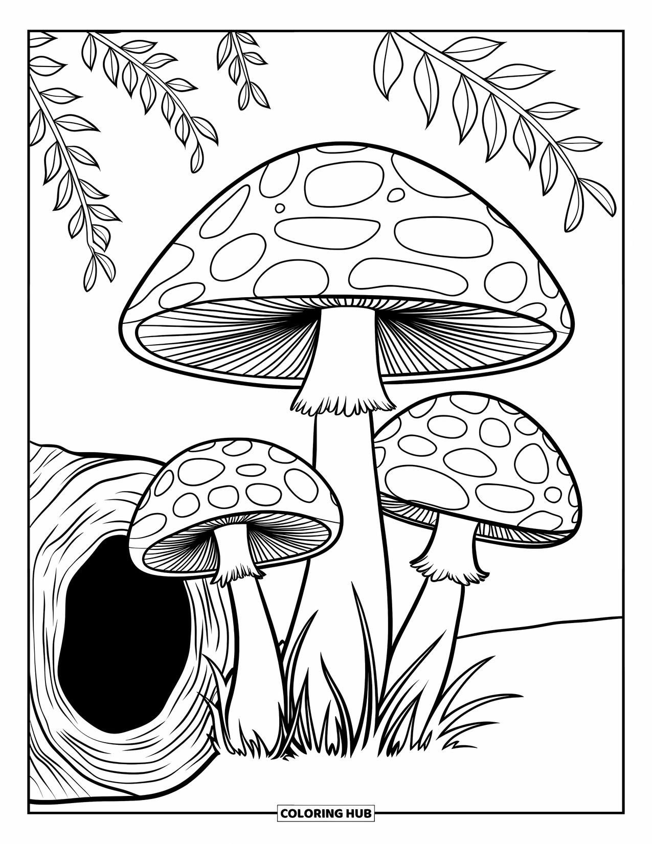 Trippy Mushroom Coloring Page for Kids: Spiral mushrooms stand beside a log with curling vines