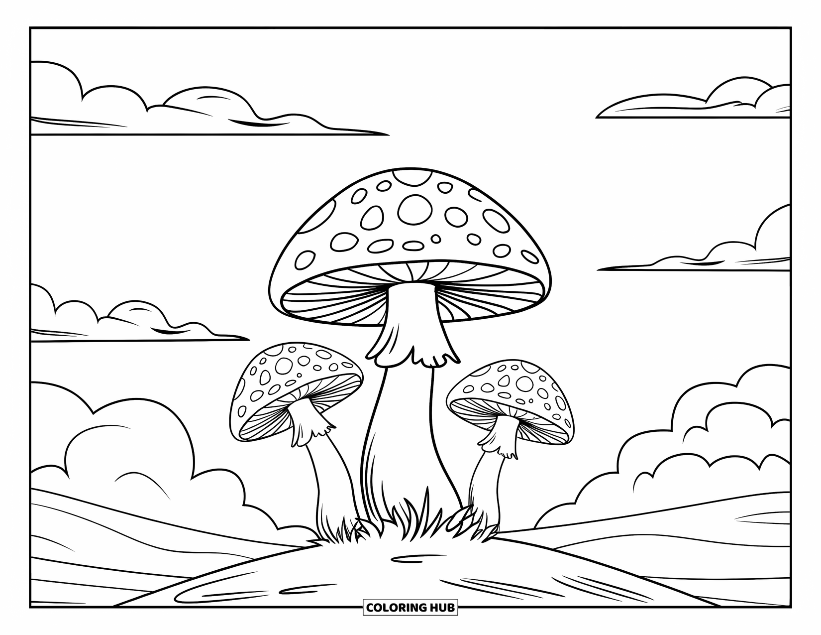 Trippy Mushroom Coloring Page for Kids: Three dotted mushrooms grow under clouds on a gentle hill