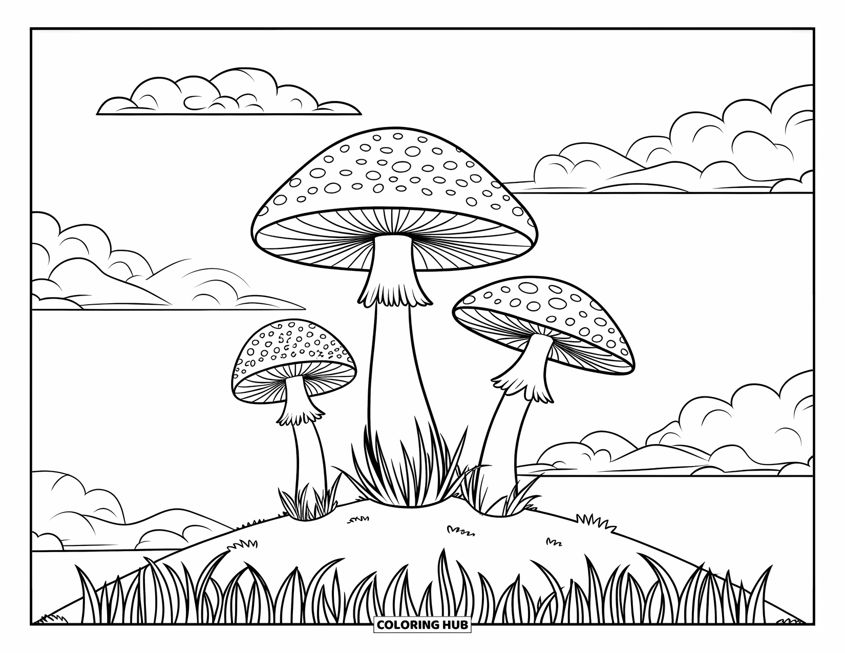 Trippy Mushroom Coloring Page for Kids: Three spotted mushrooms sit on a grassy hill beneath fluffy clouds