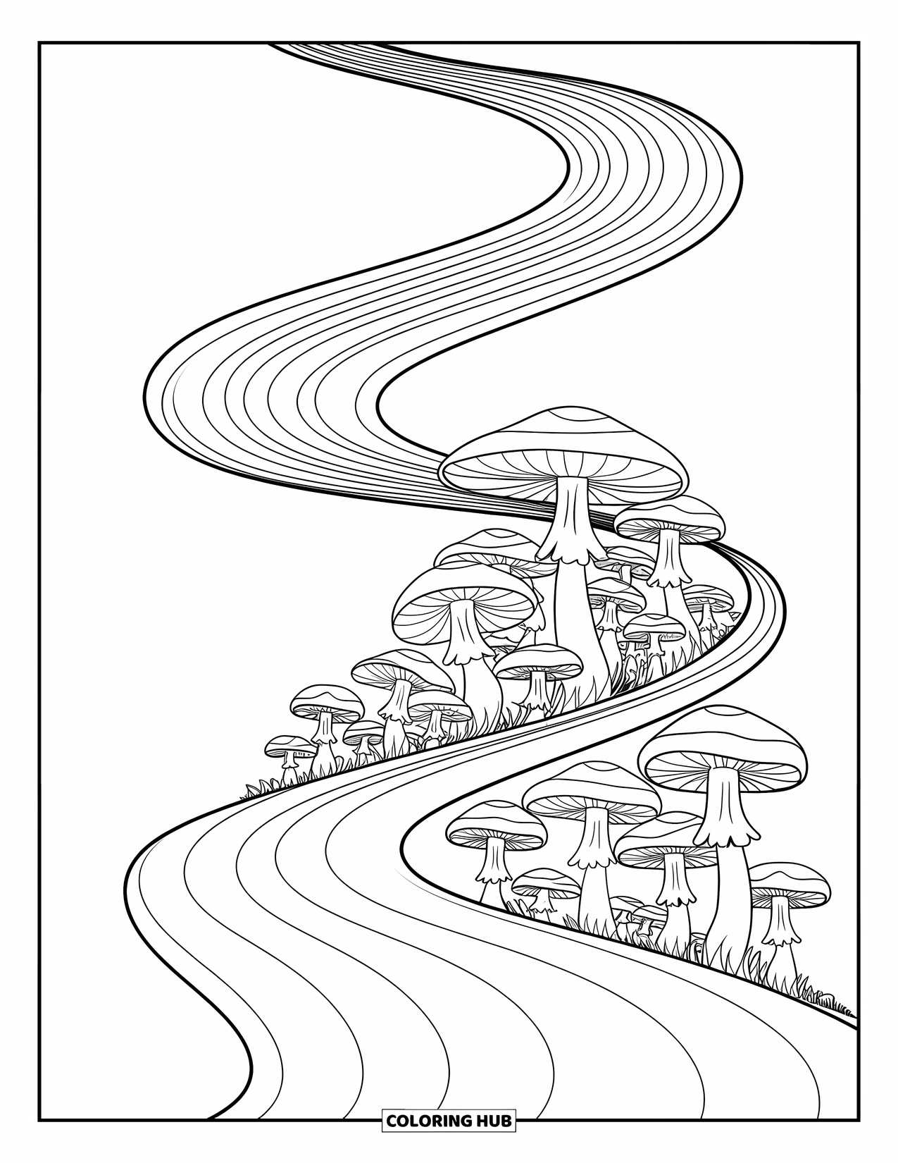 Trippy Mushroom Coloring Page for Kids: Trippy mushrooms and swirling lines loop up a smooth hill