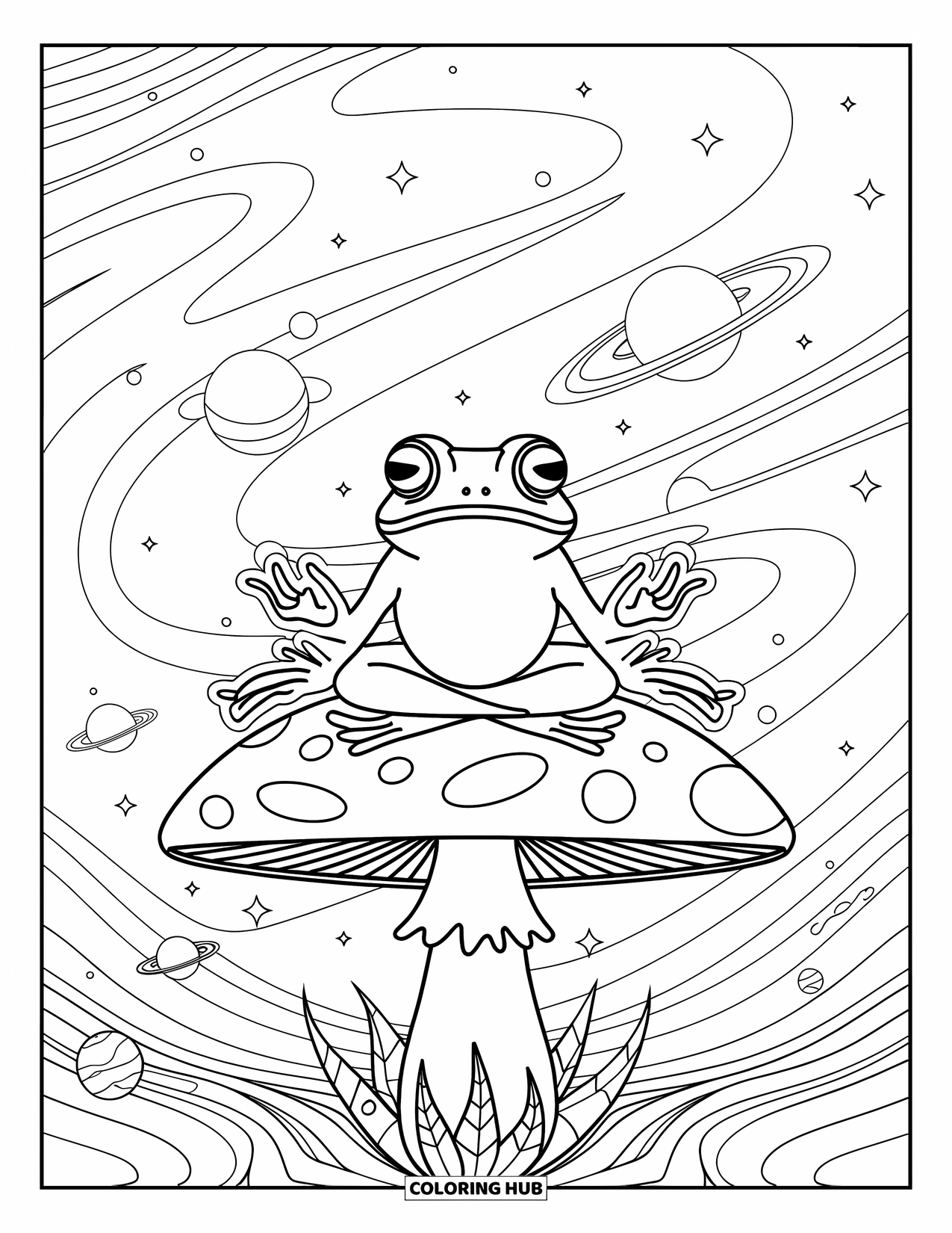 Trippy Stoner Coloring Page for Adults: A cosmic frog in lotus pose sits on a giant mushroom under swirling skies