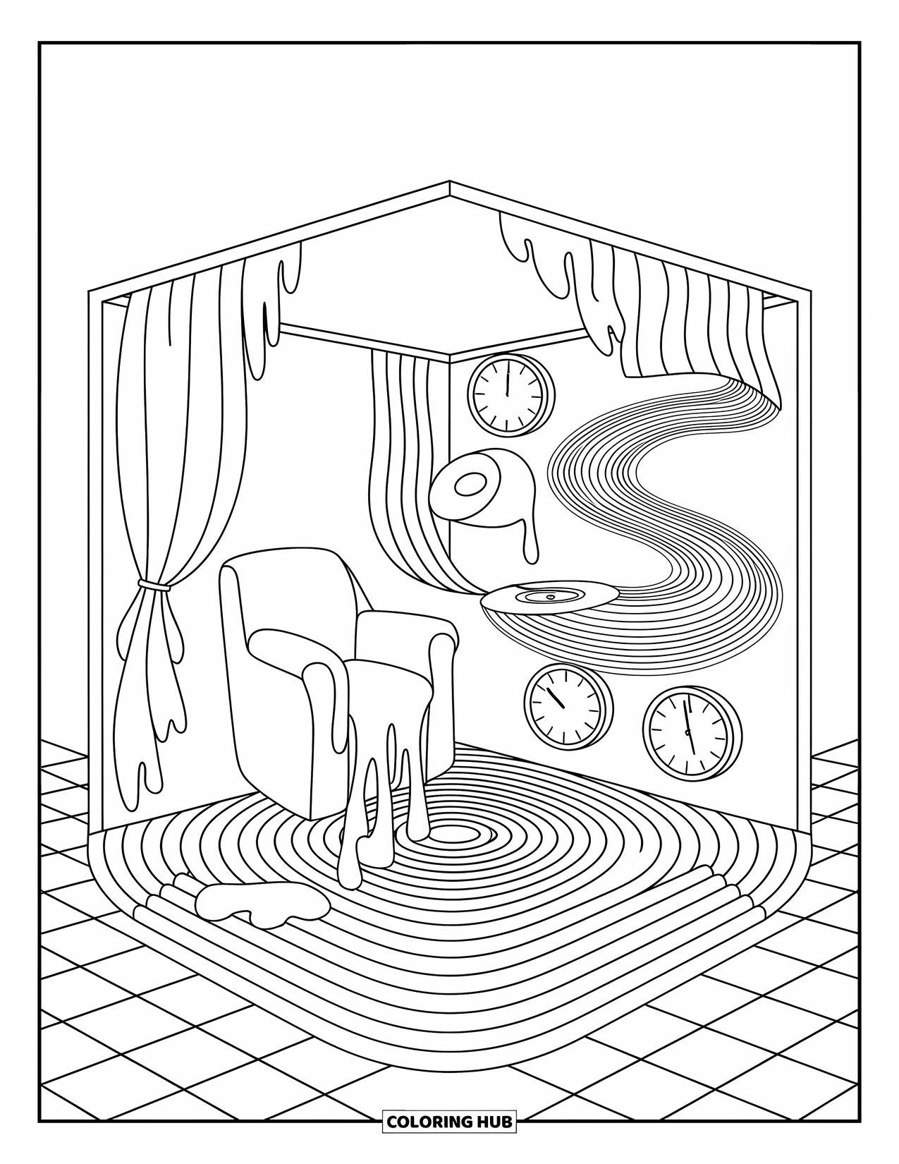 Trippy Stoner Coloring Page for Adults: A cube room where chairs drip and clocks spiral through time