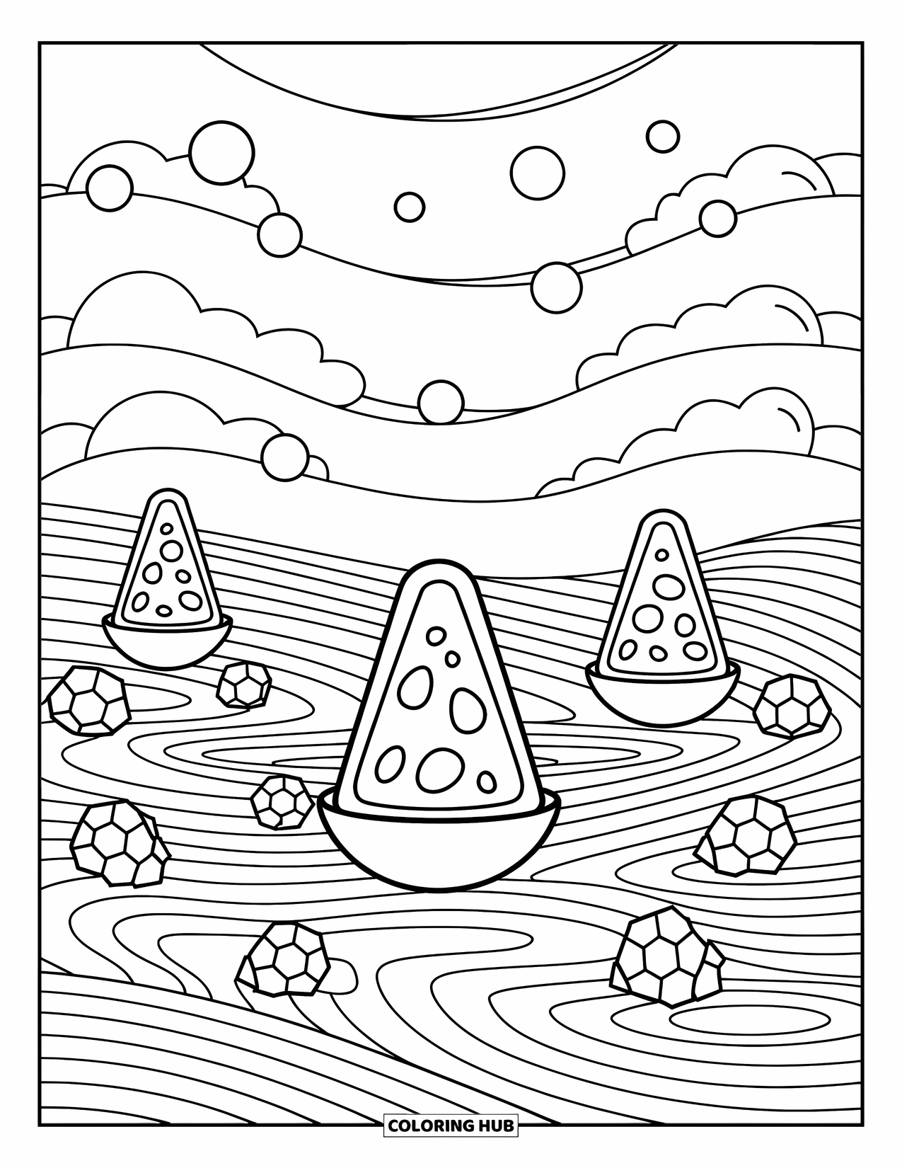 Trippy Stoner Coloring Page for Adults: A dreamy field of lava lamp pods and floating orbs