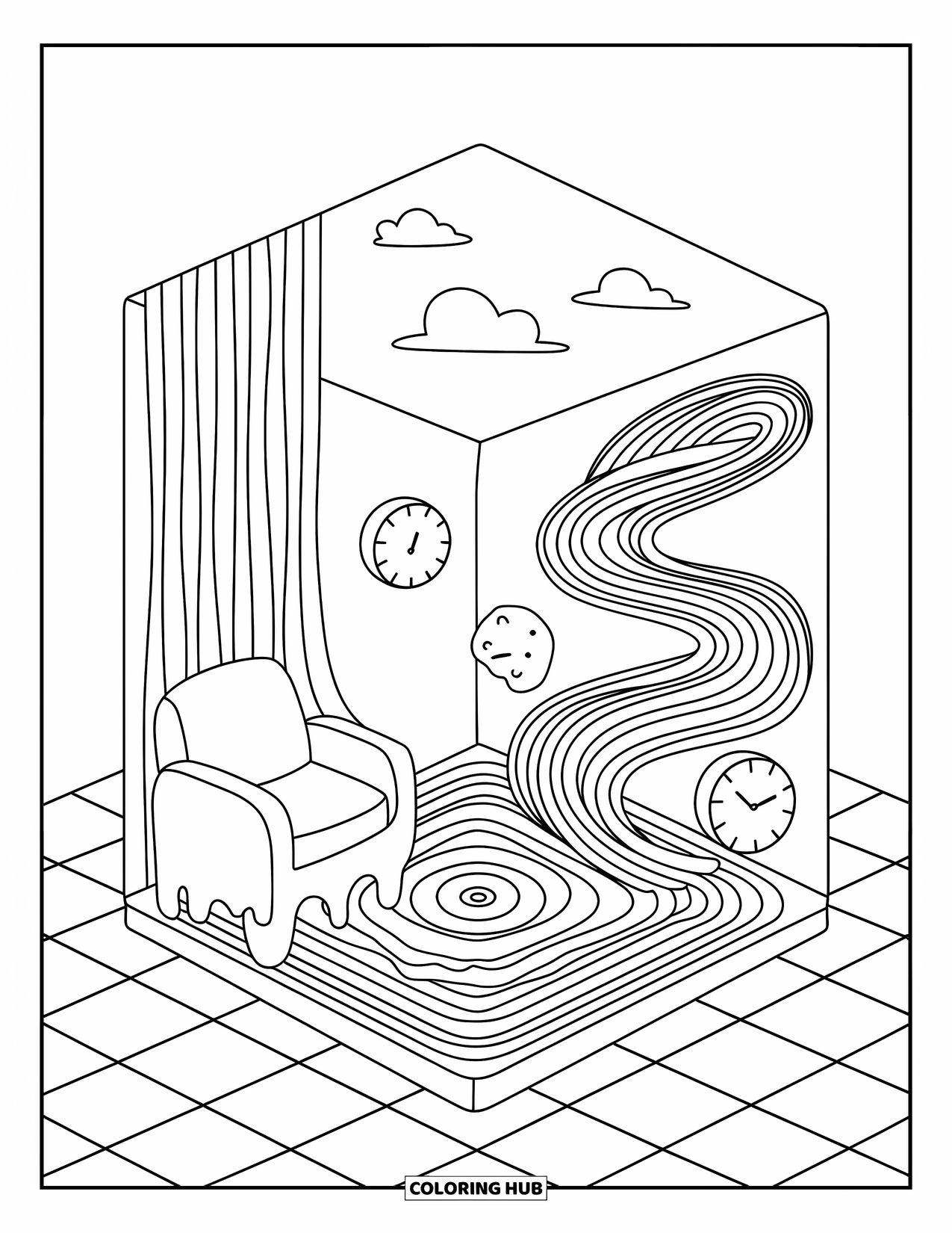 Trippy Stoner Coloring Page for Adults: A floating cube room with melting furniture and twisting clocks