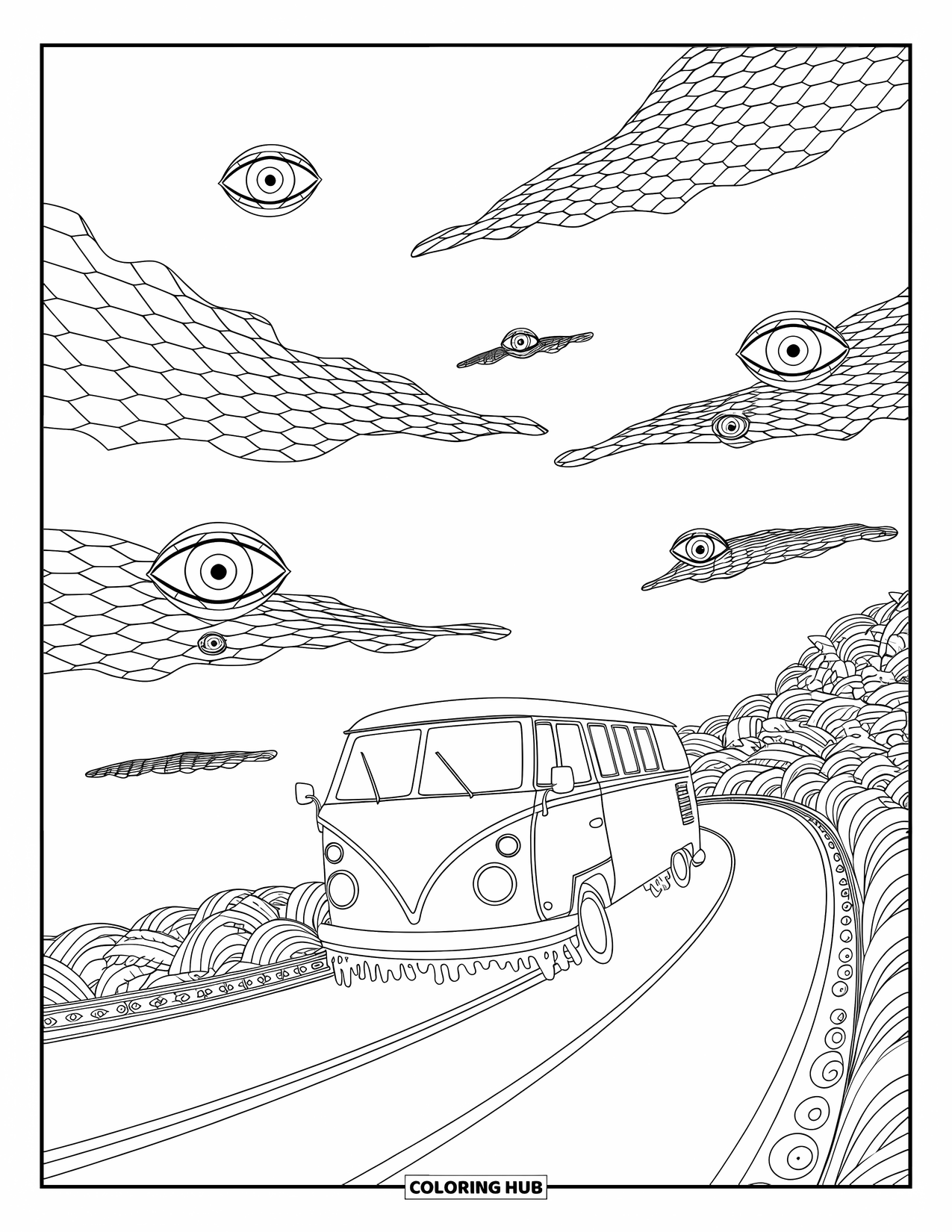 Trippy Stoner Coloring Page for Adults: A melting van winds down a spiral road under warped clouds and eyes