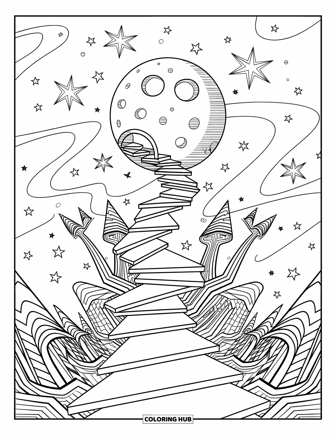 Trippy Stoner Coloring Page for Adults: A staircase spirals to a floating moon with galaxies and warped trees