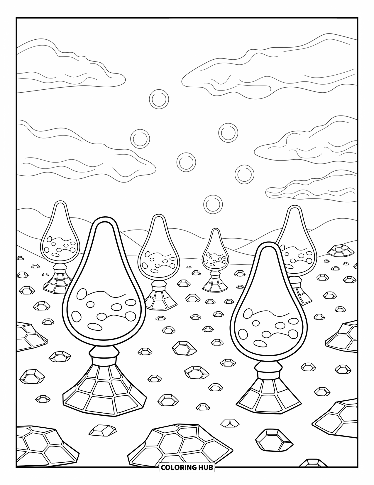 Trippy Stoner Coloring Page for Adults: A surreal field of hovering pods glowing like lava lamps