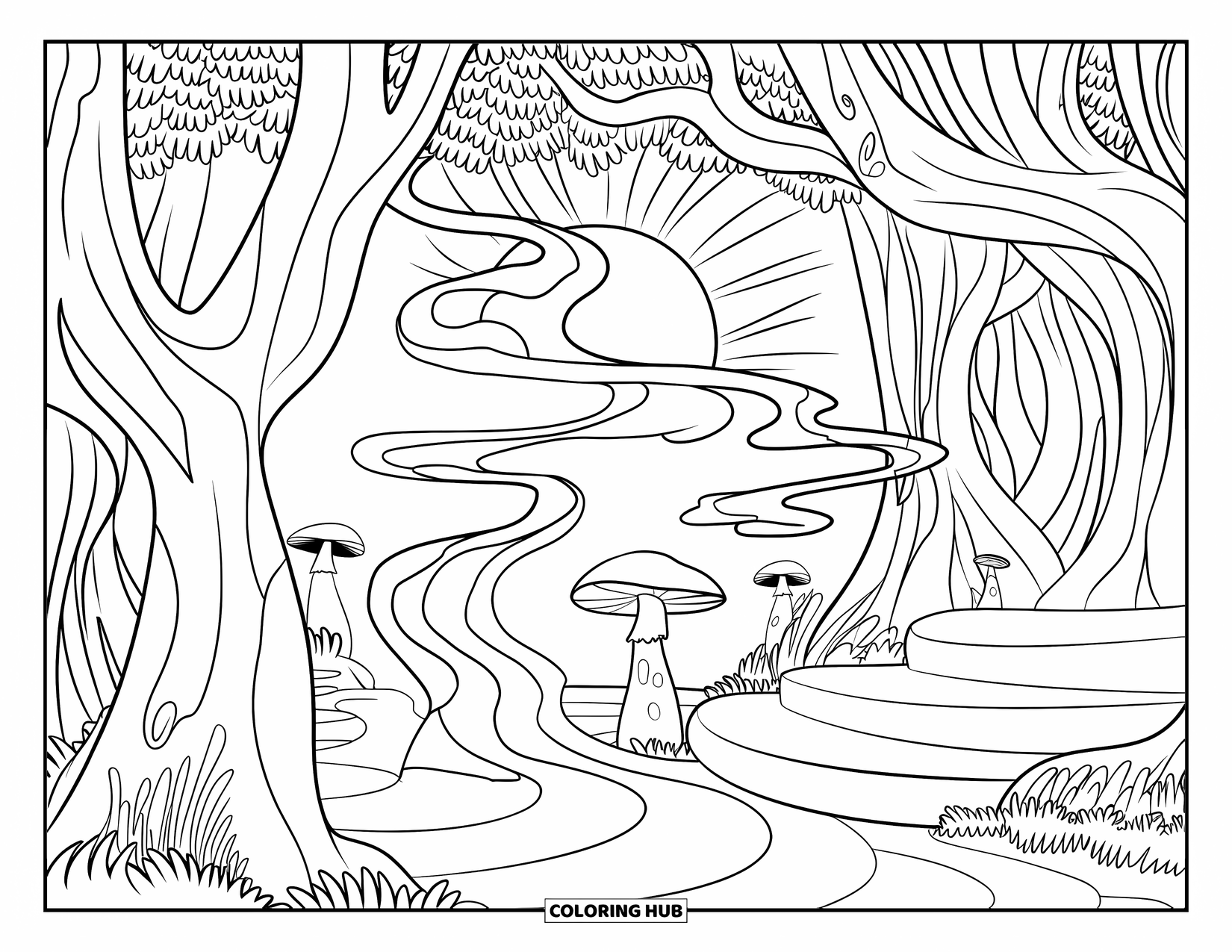 Trippy Stoner Coloring Page for Adults: A surreal forest with curling trees, droopy sun rays, and dreamy smoke trails