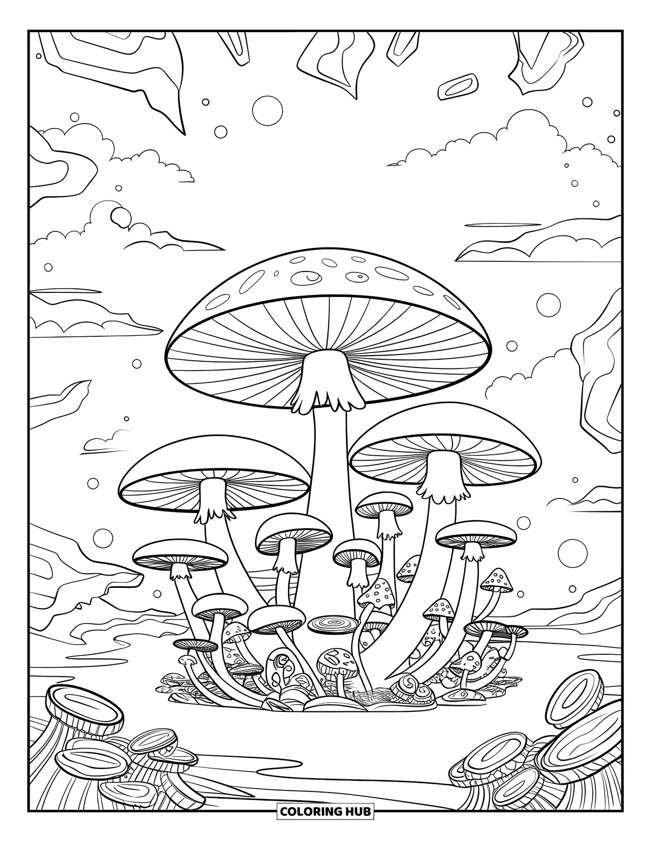Trippy Stoner Coloring Page for Adults: A surreal mushroom forest with fog, clouds, and floating abstract shapes