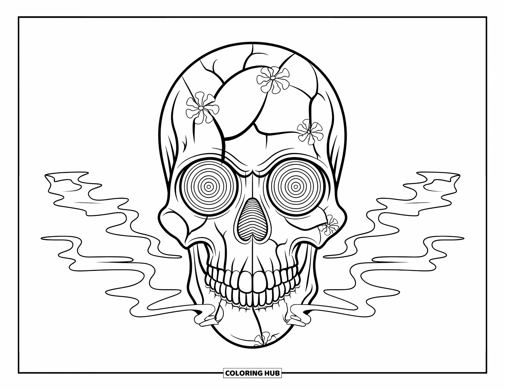 Trippy Stoner Coloring Page for Adults: A trippy skull with floral cracks and spiraled eyes releasing smoke patterns