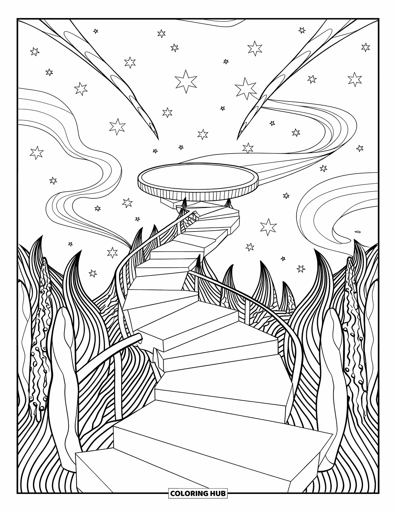 Trippy Stoner Coloring Page for Adults: A twisting staircase rises to a moon platform among bent stars and warped trees