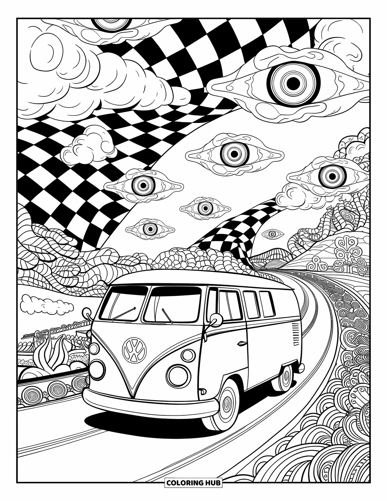Trippy Stoner Coloring Page for Adults: A vintage van melts down a spiral road beneath checkerboard clouds and eyes
