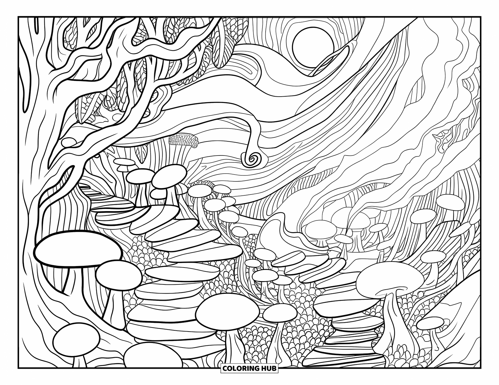 Trippy Stoner Coloring Page for Adults: A whimsical forest with mushroom stools, bridges, and a glowing orb in the sky