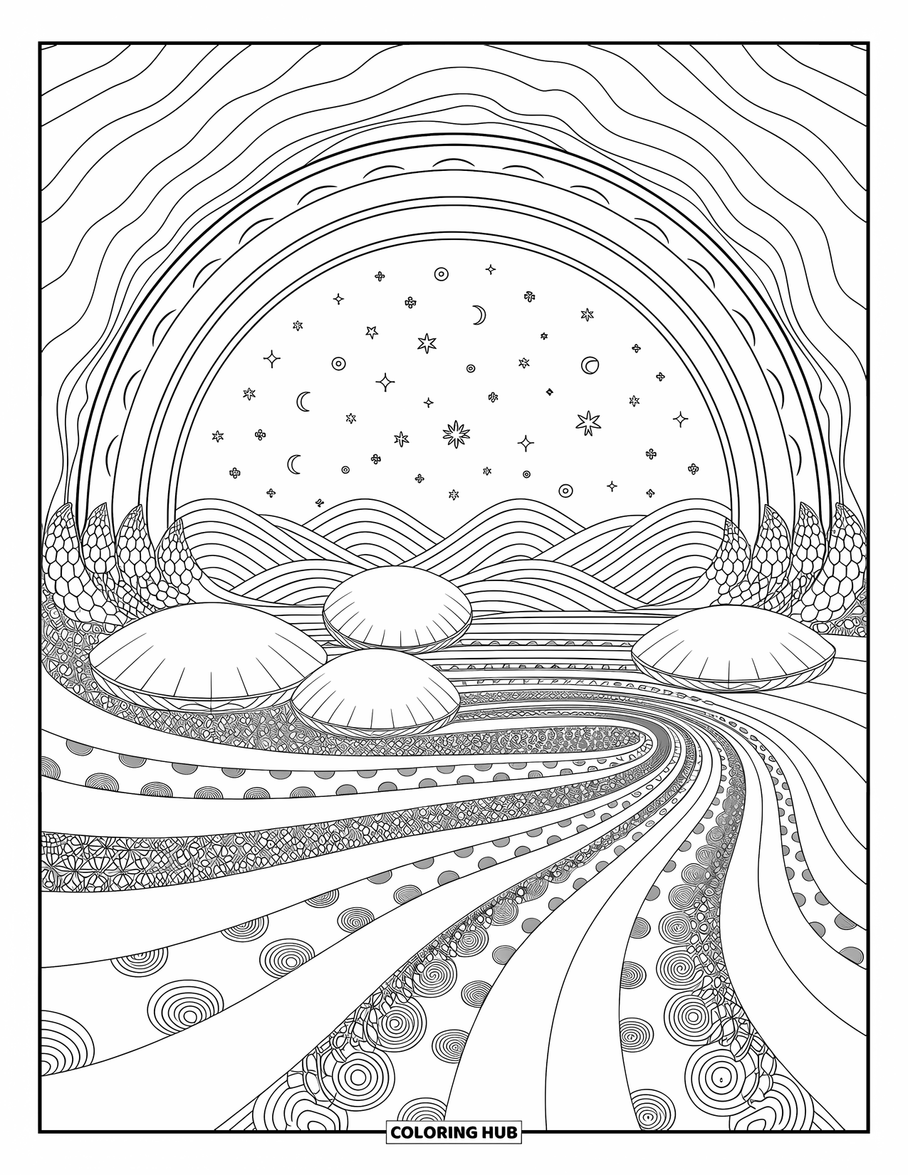 Trippy Stoner Coloring Page for Adults: An inviting dome filled with cosmic arches and flowing tapestries
