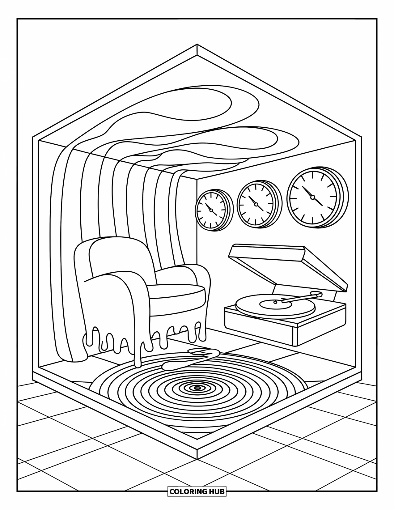 Trippy Stoner Coloring Page for Adults: Melted furniture and spiraling clocks fill a floating cube room
