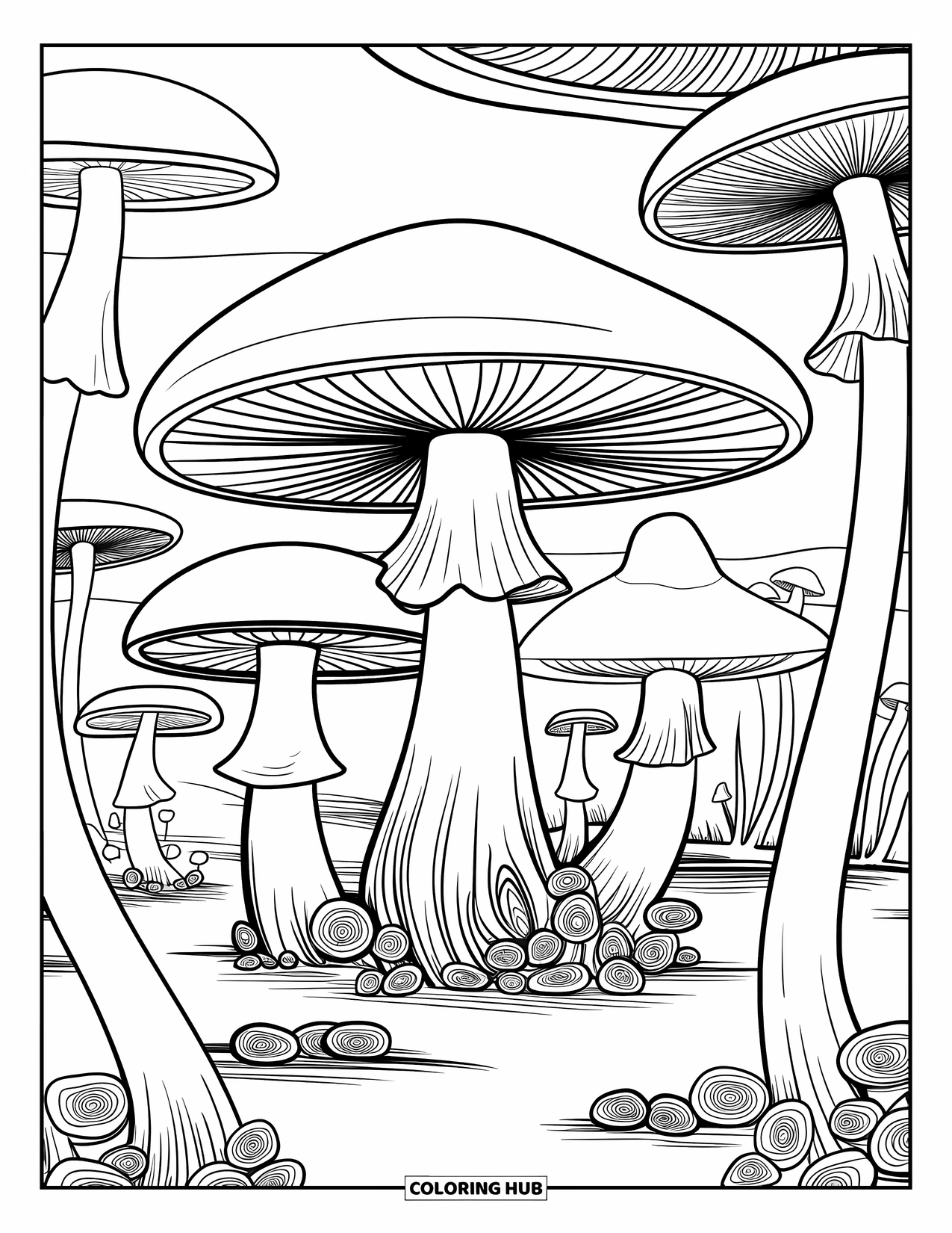 Trippy Stoner Coloring Page for Adults: Oversized mushrooms with spiral stems rise through drifting cosmic fog