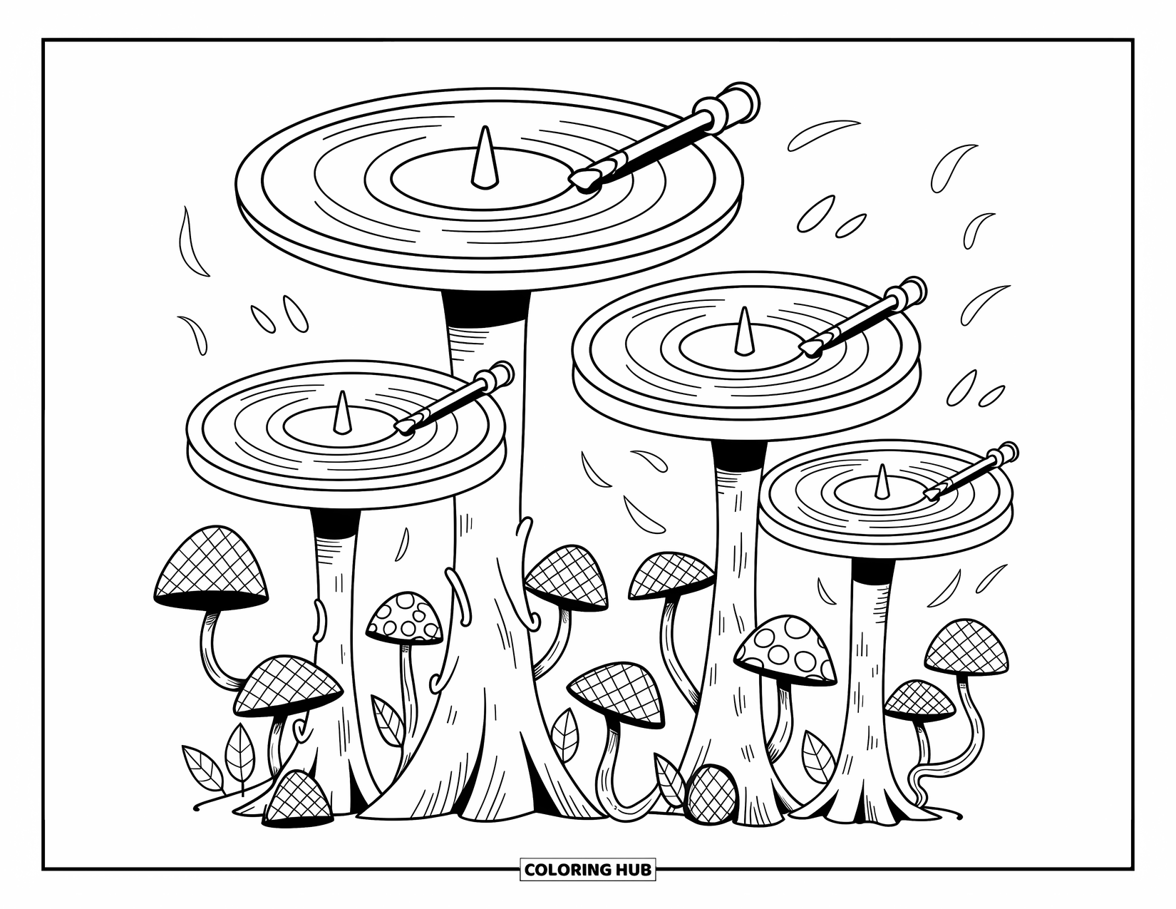 Trippy Stoner Coloring Page for Adults: Spinning vinyl trees fill the forest with swirling sound trails