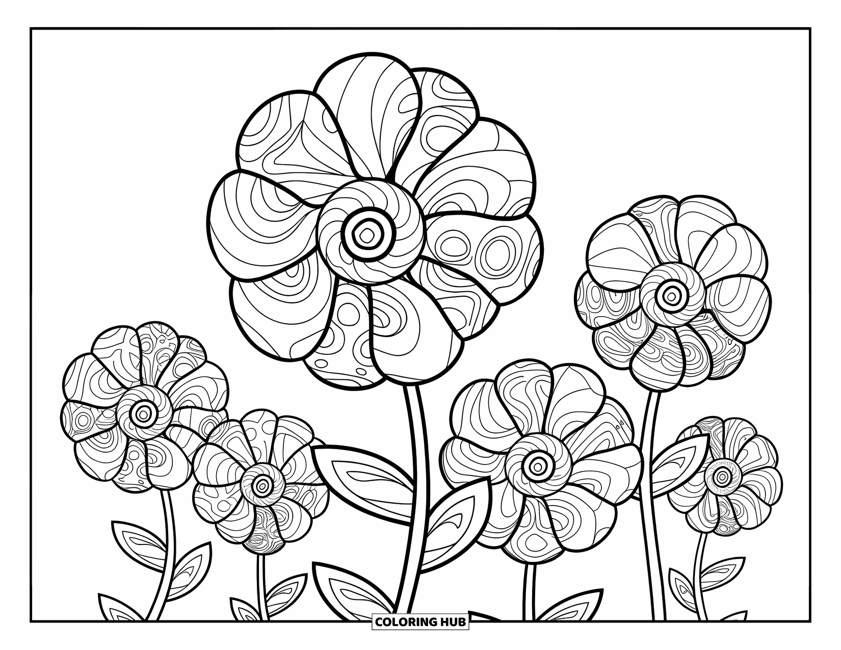 Trippy Stoner Coloring Page for Kids: A bold field of spiral flowers with playful designs