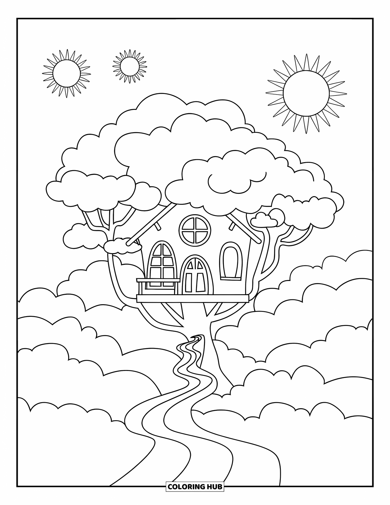 Trippy Stoner Coloring Page for Kids: A cloud treehouse with trails and shining suns