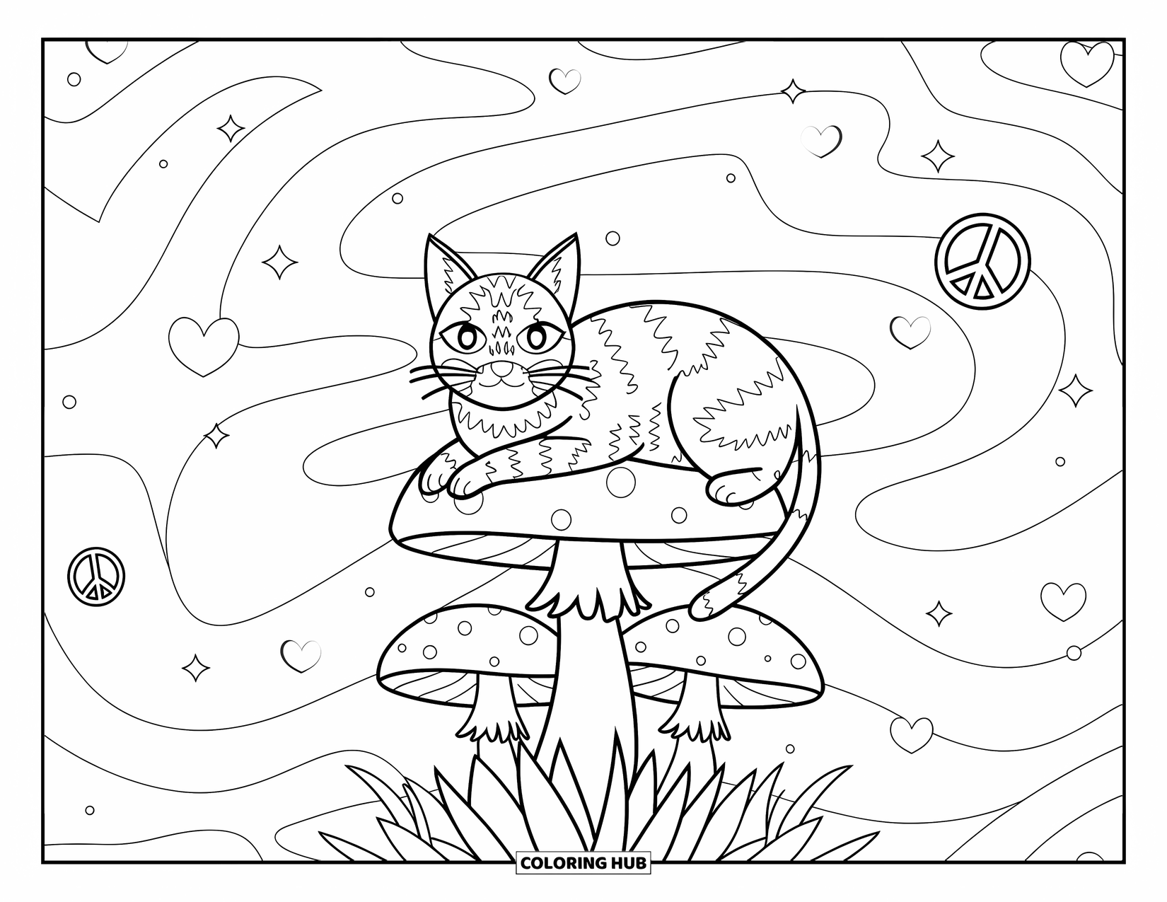 Trippy Stoner Coloring Page for Kids: A dreamy mushroom scene with a cat and swirling galaxy
