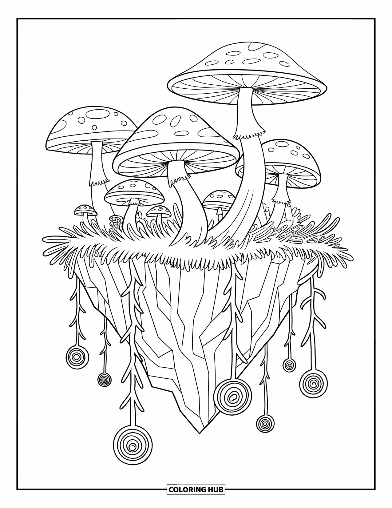 Trippy Stoner Coloring Page for Kids: A floating island of mushrooms with dangling spiral roots