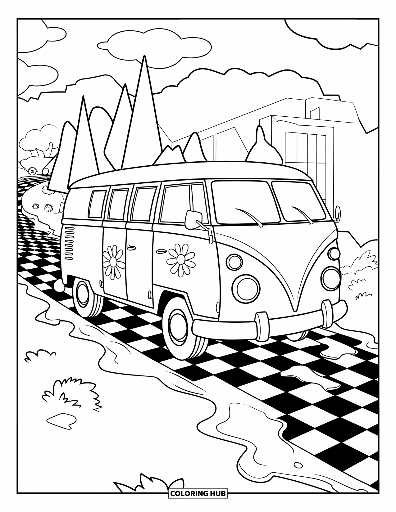 Trippy Stoner Coloring Page for Kids: A flower-patterned van rolls down a melting road