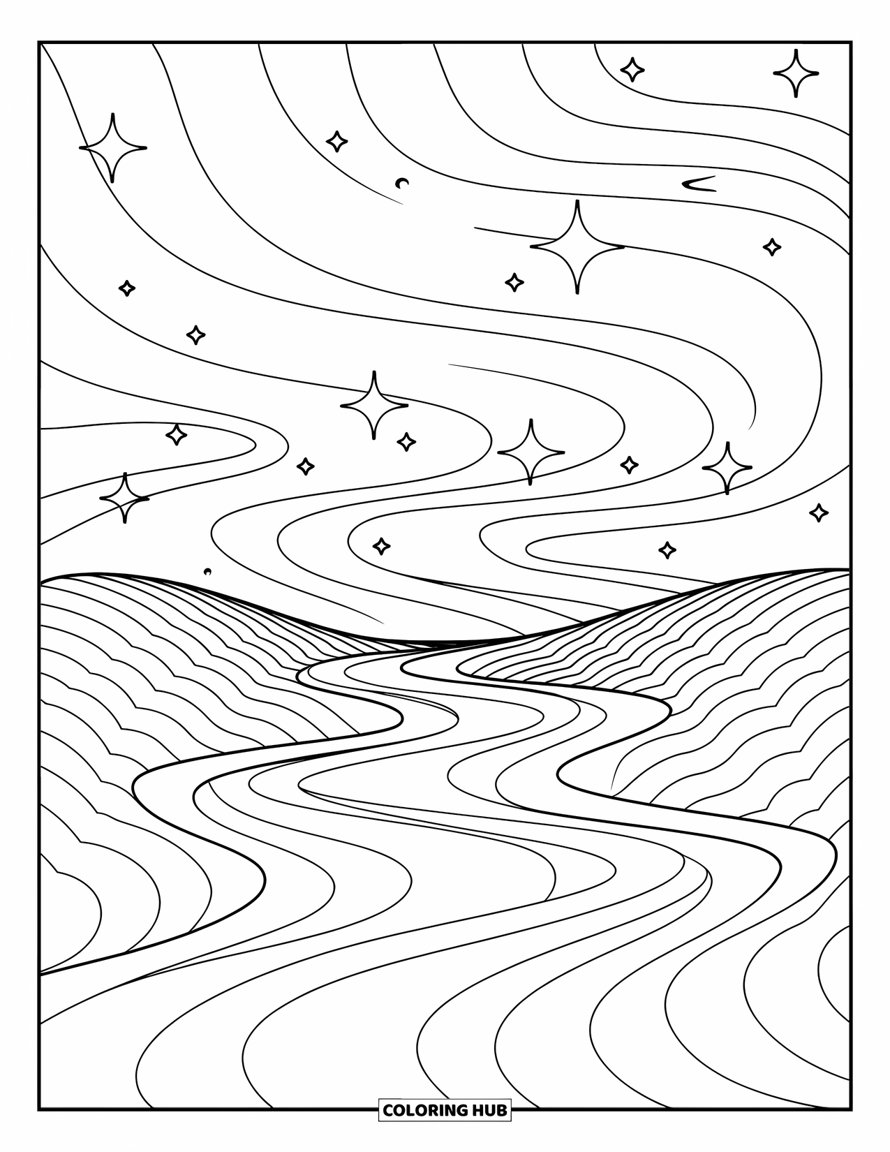 Trippy Stoner Coloring Page for Kids: A flowing river with curved star trails above
