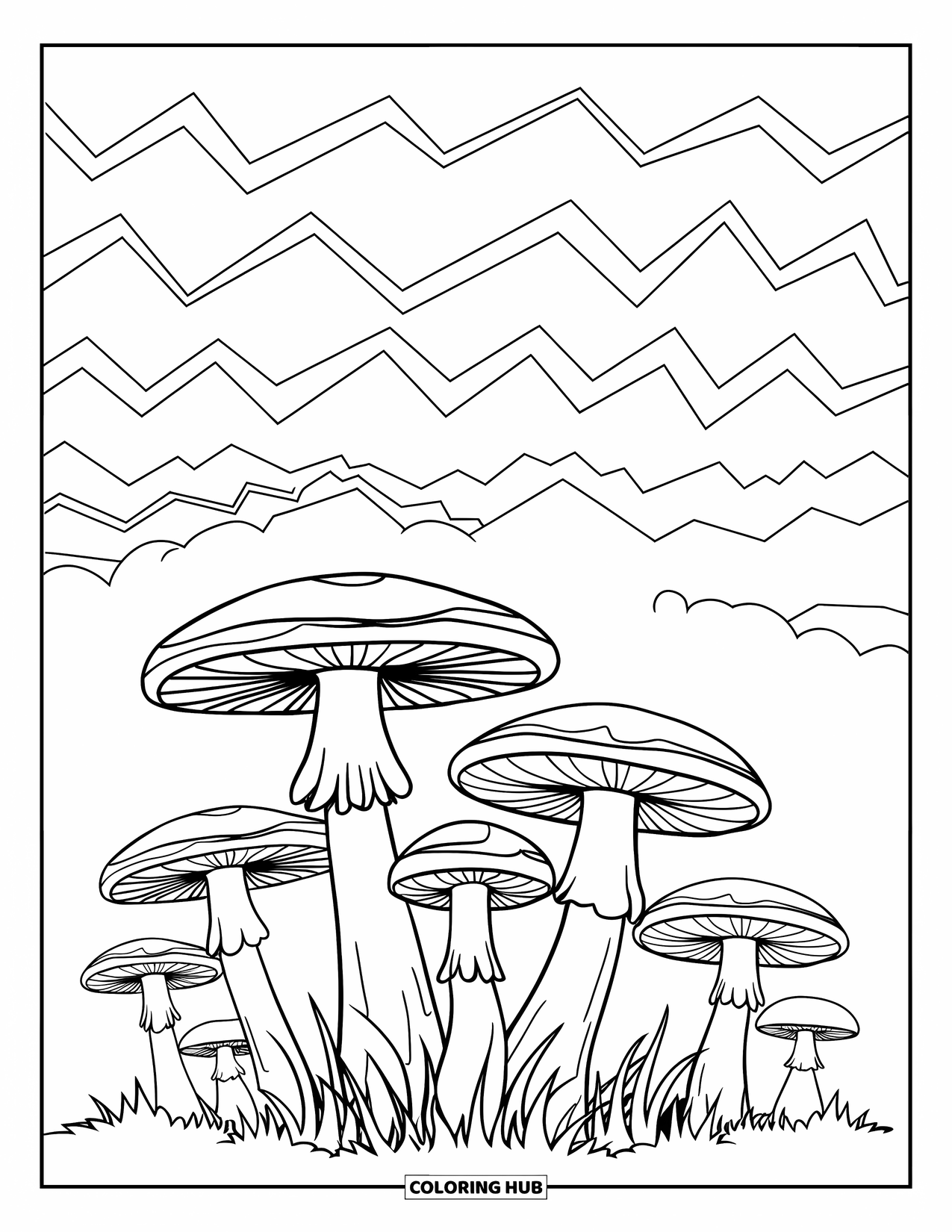 Trippy Stoner Coloring Page for Kids: A forest of spiral mushrooms under zigzag clouds