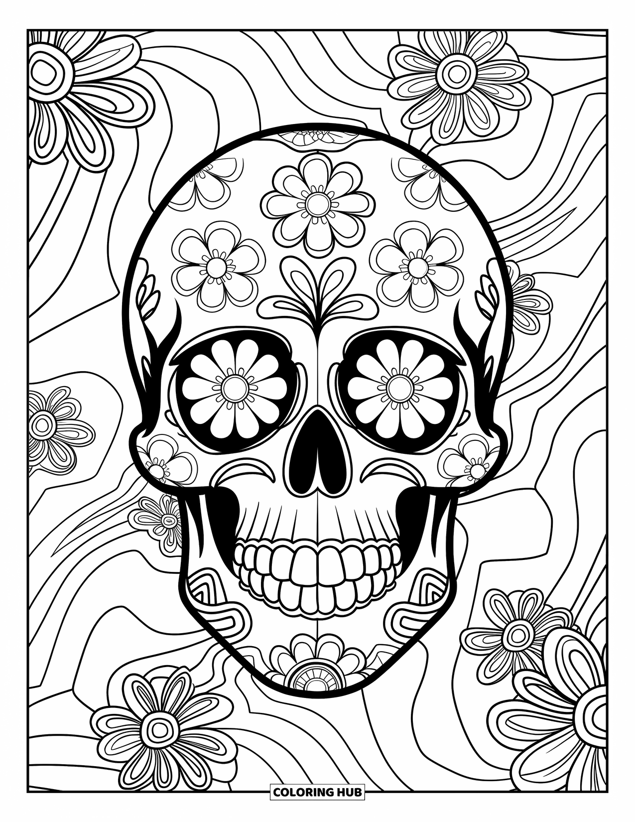 Trippy Stoner Coloring Page for Kids: A grinning skull with flowers and swirling patterns