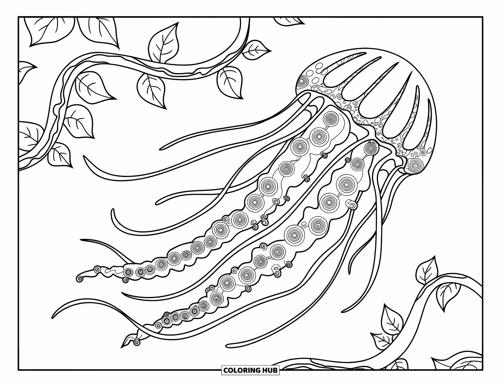 Trippy Stoner Coloring Page for Kids: A jellyfish surrounded by swirling vines and leaves