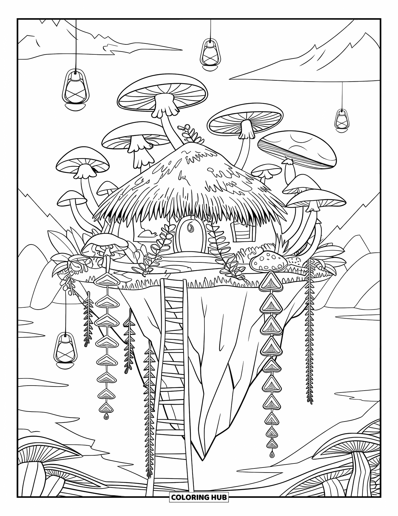 Trippy Stoner Coloring Page for Kids: A mushroom island with lanterns, vines, and a wooden ladder